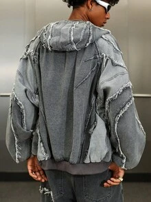 STEELVANCE Men Casual Patchwork Frayed Hoodie Zip-Up Denim Jacket, Street Style Ripped Grunge Baggy Jacket, Perfect Holiday Gift For Boyfriend & Husband Y2k Cyberpunk Oversized Streetwear, Fall - Dark Grey - View 2