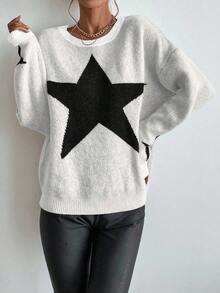 EMERY ROSE Casual Colorblock Star Pattern Drop Shoulder Sweater, Autumn/Winter Knit Pullover Fall