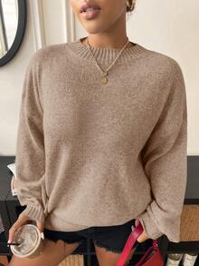 Elenzga Áo len chui đầu cổ tròn tay dài dáng rộng, dáng rộng cỡ lớn dành cho nữ, mùa thu/đông - Màu Khaki - Xem 6