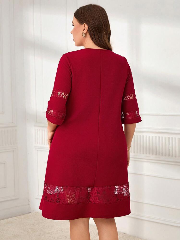 Plus Size Red Mom Round Neck Lace Patchwork Elegant Office Lady Winter Dress Winter Clothes For Women  Christmas Clothes  New Year Dress