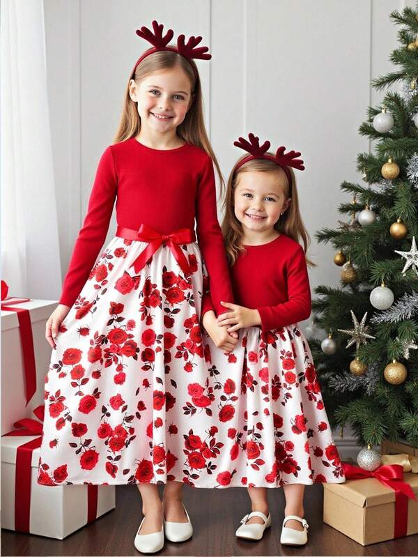 Emery Rose Kids Vestido casual para meninas adolescentes, de malha, preto e branco, com patchwork floral, gola redonda, manga comprida, para festa, aniversário, vermelho para o Natal