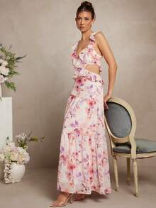 L'Amorae Women's Floral Print Ruffle Collar Cutout Waist Elegant Dress - Multicolor - View 4
