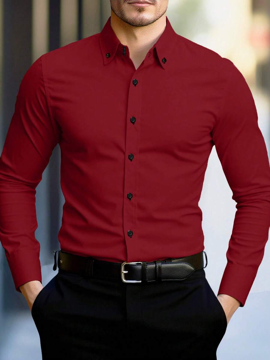 Manfinity Mode 男士純色前開扣修身長袖休閒商務襯衫，紅色酒紅，秋季，正式 - 紅色 - 查看 1