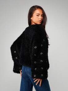 MISSGUIDED Oversized Knitted Jumper With Metal Eyelet Details Long Sleeve Crew Neck Sweater Winter Fall - Black - View 2