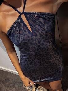 SHEIN Glamour 海军蓝性感豹纹派对连衣裙 - 藍色 - 查看 3