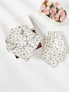 School Girl Pajamas, Tween Girl Cute Cherry Print Long Pants And Long Sleeve Casual 2 Pieces Loungewear Set - Apricot - View 3