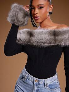 Denimoi Lässiger, langärmliger, taillierter Pullover-Bodysuit mit Pelzbesatz für Damen