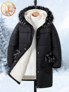 SHEIN 1 Áo khoác đệm có mũ trùm đầu dài vừa phải, cổ lông, túi và trang trí kim sa, khóa kéo, áo khoác ngoài mùa đông thời trang - màu đen - Xem 3
