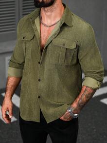 Manfinity CasualCool 男士街头风灯芯绒纽扣衬衫，长袖上衣 - 軍綠色 - 查看 5