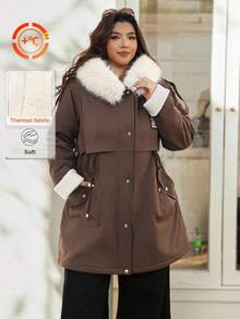 Vionelle Roveilla 加大码长款斜口袋女式抽绳腰部仿皮草衬里派克大衣 冬/秋