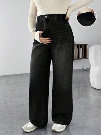 SHEIN Maternity Casual Loose Wide Leg Jeans, Blue