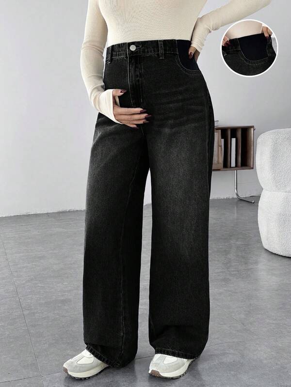 SHEIN Maternity Casual Loose Wide Leg Jeans, Blue