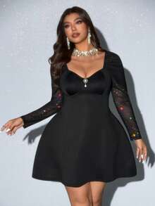 Viva Relle Square Neck Black Long Waist Cinching Fitted Dress, A-Line Sleeve Embroidered Patchwork, Elegant Plus Size Slimming Dress