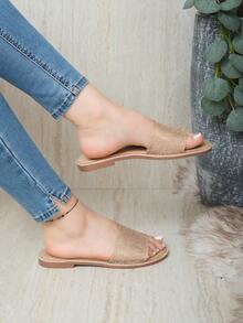 Sandalia plana con brillos, sandalia cómoda mujer, sandalia elegante verano, sandalia fresca casual, sandalia con detalle brillante. - Beis - Ver 3