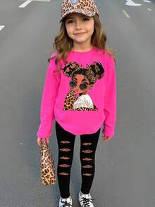 SHEIN Girls Cute Girl Silhouette Fashion Print Casual Long Sleeve T-Shirt & Leggings Set