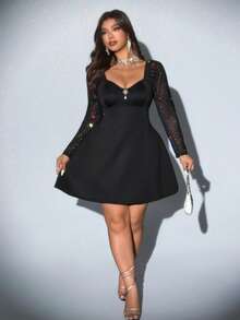 Viva Relle Square Neck Black Long Waist Cinching Fitted Dress, A-Line Sleeve Embroidered Patchwork, Elegant Plus Size Slimming Dress