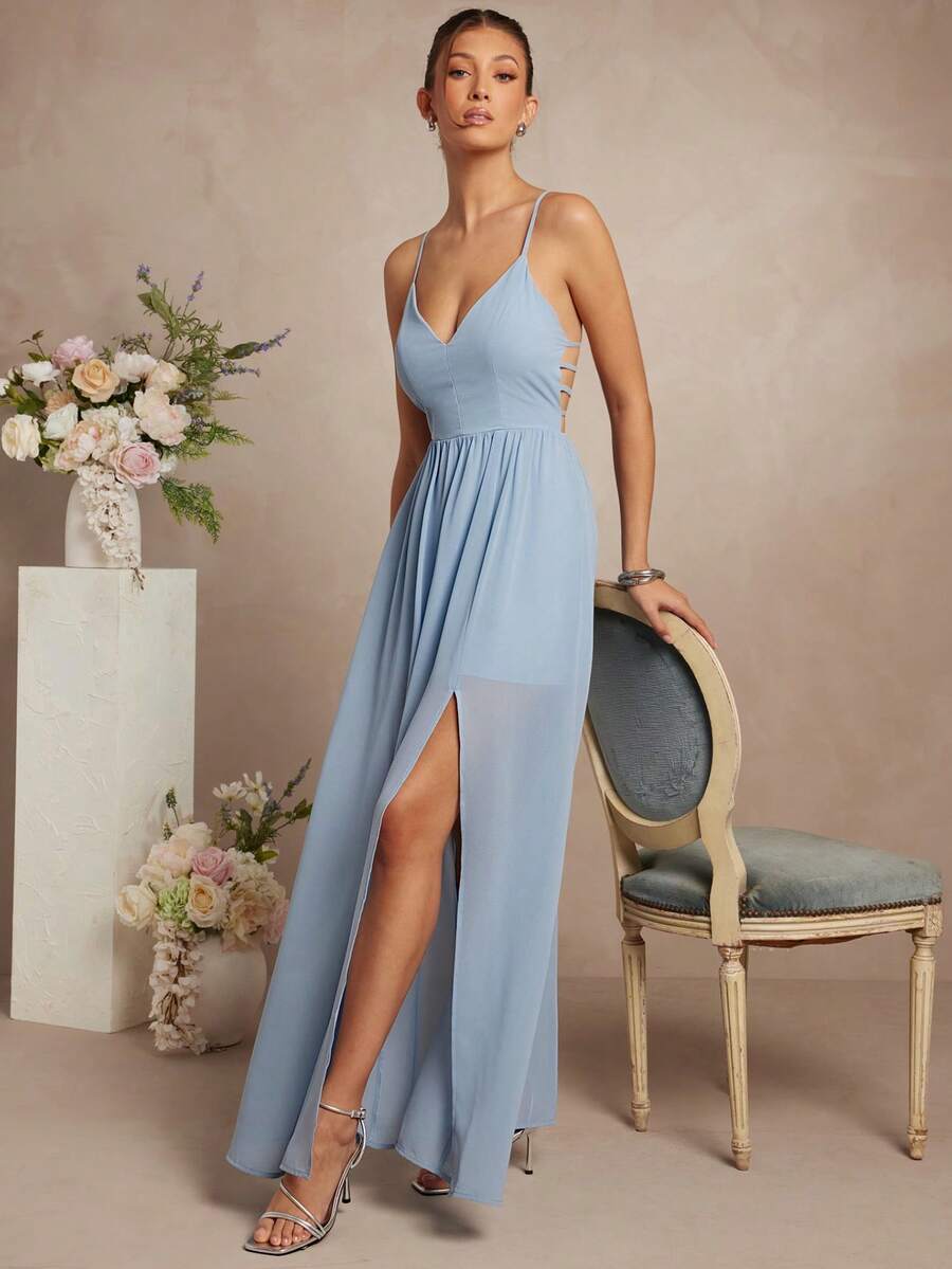 L'Amorae 优雅灰蓝色雪纺露背肩带细节无袖低 V 领飘逸长裙 - 霧霾藍 - 查看 1