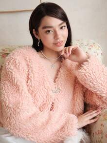 SHEIN MOD 粉色人造毛皮长款毛绒女式人造毛皮夹克 - 粉色 - 查看 6