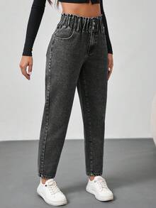 SHEIN Tall 女士牛仔裤休闲修身锥形裤宽腰蓝色牛仔裤高腰女式牛仔裤女裤冬季女式裤子牛仔服 - 黑色 - 查看 5