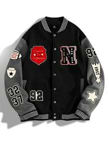 Manfinity Campus Court Men's Letter Embroidered Single-Breasted Baseball Varsity Jacket,Black Autumn Streetwear Graduation Back-To-School,Letterman Graphic Custom Jacket - Multicolor - View 1