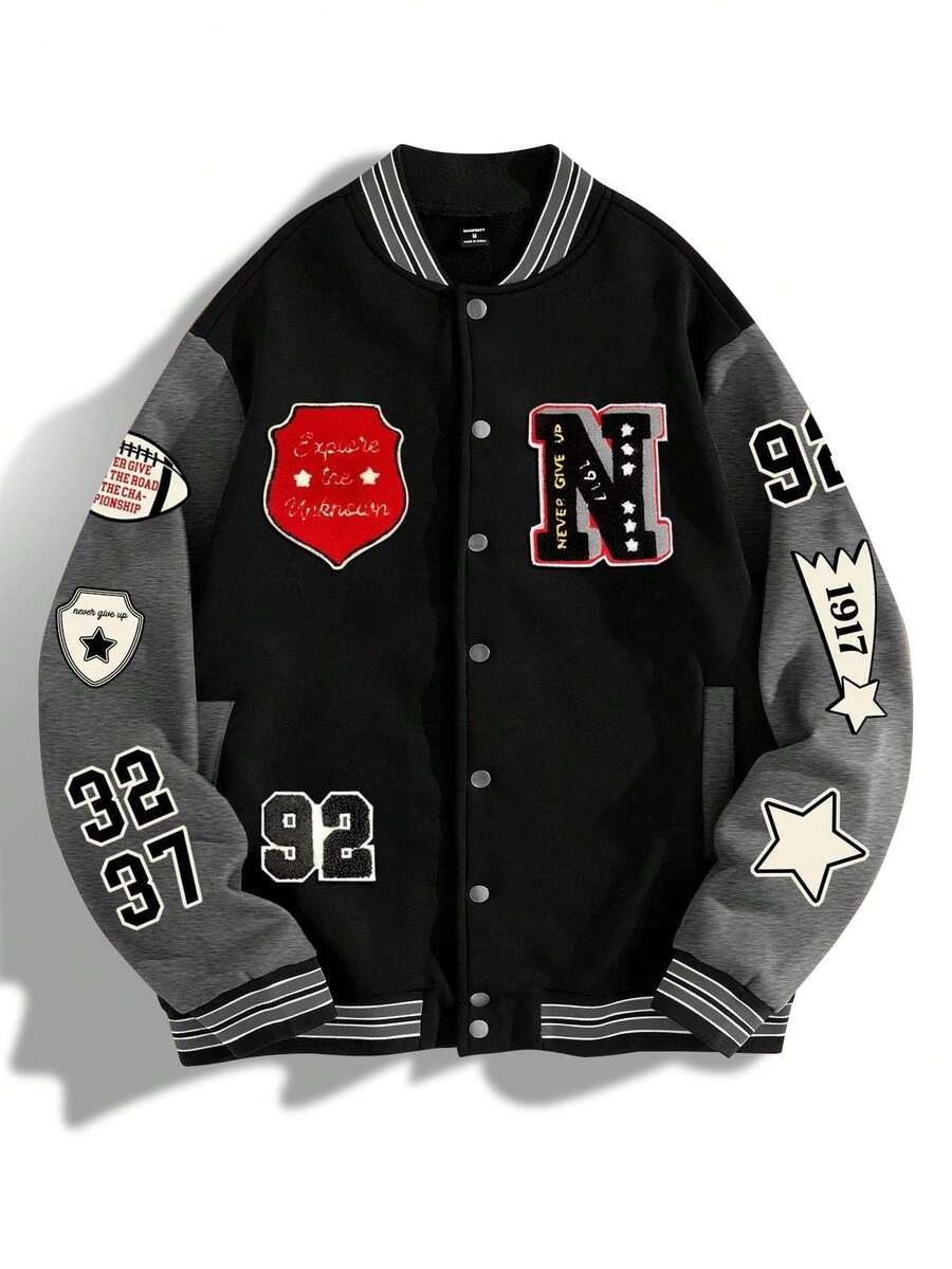 Manfinity Campus Court Men's Letter Embroidered Single-Breasted Baseball Varsity Jacket,Black Autumn Streetwear Graduation Back-To-School,Letterman Graphic Custom Jacket - Multicolor - View 1