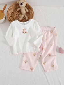Baby Girls' 3D Bear Applique Ribbed Top And Bear Print Ribbed Pants Pajama Set White & Pink Color For Girl
