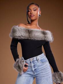 Denimoi Lässiger, langärmliger, taillierter Pullover-Bodysuit mit Pelzbesatz für Damen