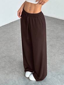 SHEIN PETITE Comfortable And Casual Solid Color Knitted Wide-Leg Women's Sweatpants Comfy Pants Harem Pants Brown Pants Loose Pants For Women Brown Bottoms Women - Coffee Brown - View 8