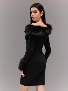 Sparklyn Teenager Mädchen Kuschelig Einschulter Patchwork Strick Figurbetontes Kleid für Herbst/Winter, zarte schulterfreie Gestaltung verleiht Vitalität, kuschelige & gestrickte Patchwork-Optik schafft mehrschichtige Textur, figurbetonter Schnitt schmeichelt der Silhouette, süß aber leicht, geeignet für verschiedene jugendliche Anlässe - Schwarz - Übersicht 2