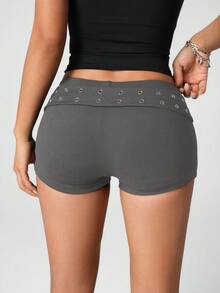 SHEIN ICON 性感街头时尚超低腰破洞休闲黑色短裤 - 灰色 - 查看 3