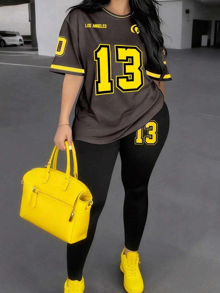 女式休闲时尚创意黄黑撞色 13 个数字和字母图案印花短袖上衣和紧身裤套装，适合秋季和所有季节的百搭服装 - 彩色 - 查看 1