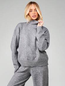 MISSGUIDED Roll Neck Knitted Long Sleeve Jumper Wide Leg Trousers Co Ord Set Winter Loungewear - Grey - View 5