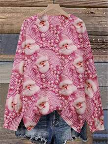 EMERY ROSE 2025 Pull de Noël pour femmes grandes tailles, Top tricoté avec impression 3D du Père Noël en perles roses - Framboise - Voir 1