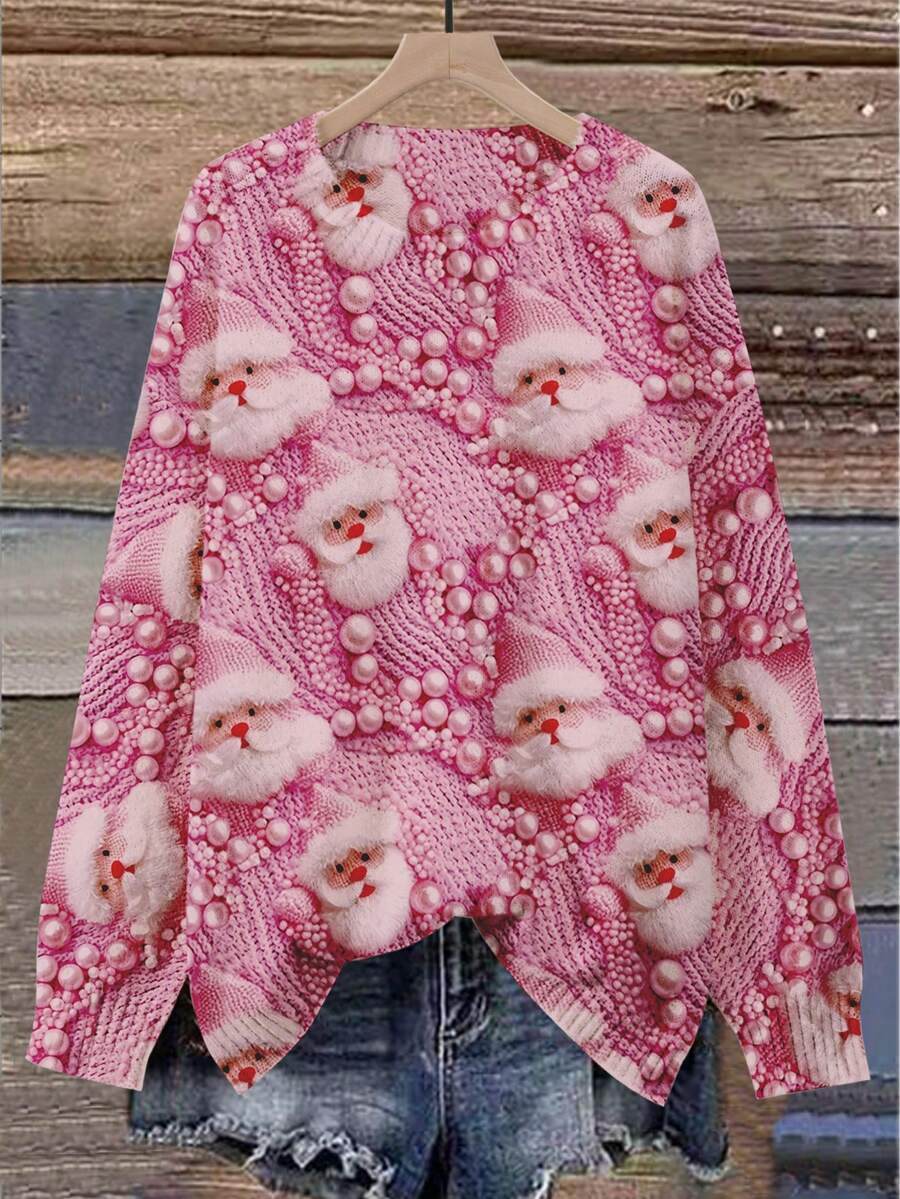 EMERY ROSE 2025 Pull de Noël pour femmes grandes tailles, Top tricoté avec impression 3D du Père Noël en perles roses - Framboise - Voir 1