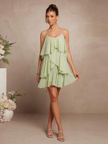 L'Amorae Váy mini 3 tầng bèo nhún màu xanh xám có dây đeo mảnh bằng vải voan dệt trơn cho kỳ nghỉ hè - màu xanh lá - Xem 6