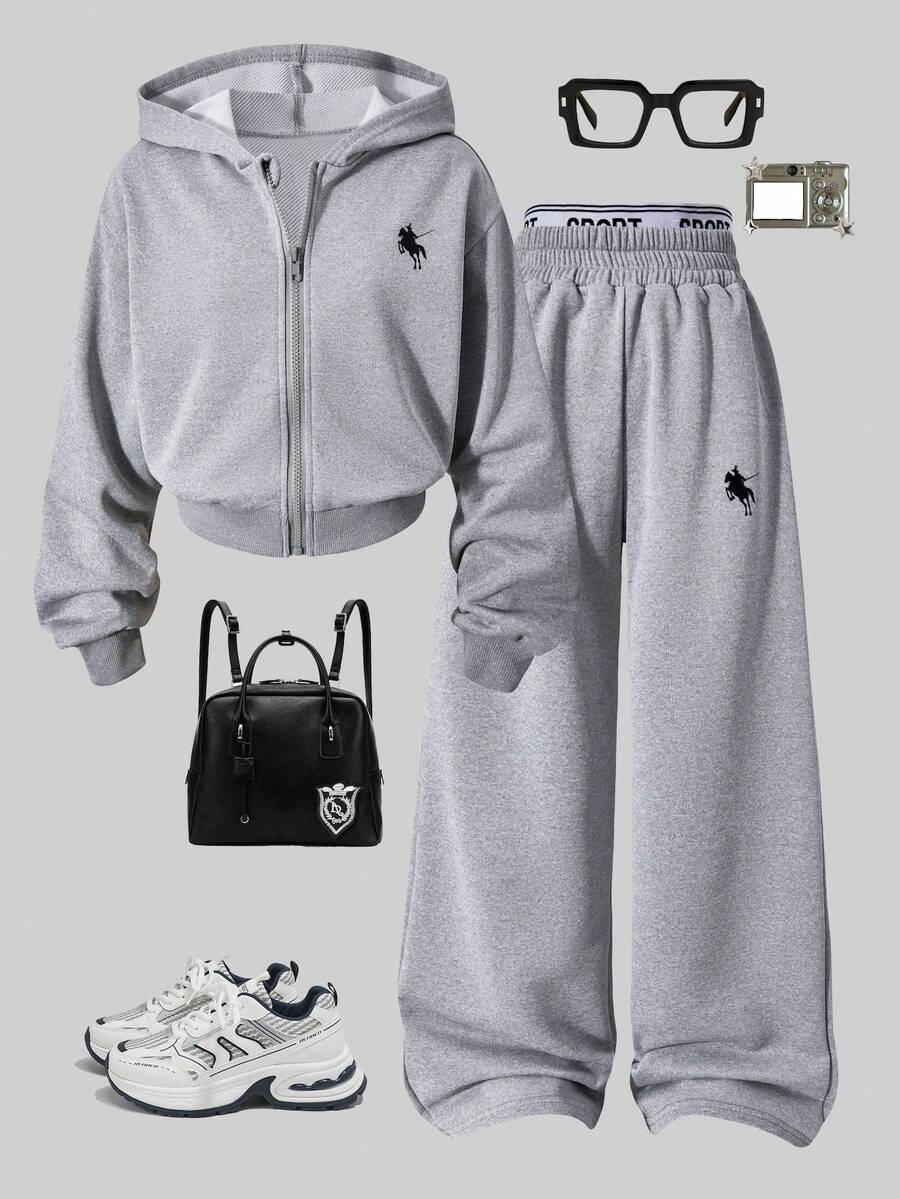 Sparklyn 2 件套女童连帽拉链夹克短款上衣和宽松松紧腰阔腿休闲裤套装，秋季