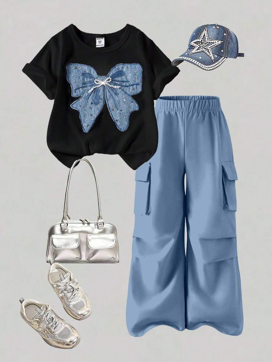 SHEIN 2 Stücke Tween Mädchen Sommer Lässig T-Shirt Set, Schleife Stickerei Design Rundhals Kurzarm T-Shirt und Cargohose, modisches Outfit für Frühling/Sommer