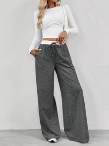 SHEIN Tall 女款撞色腰阔腿裤 - 深灰色 - 查看 5