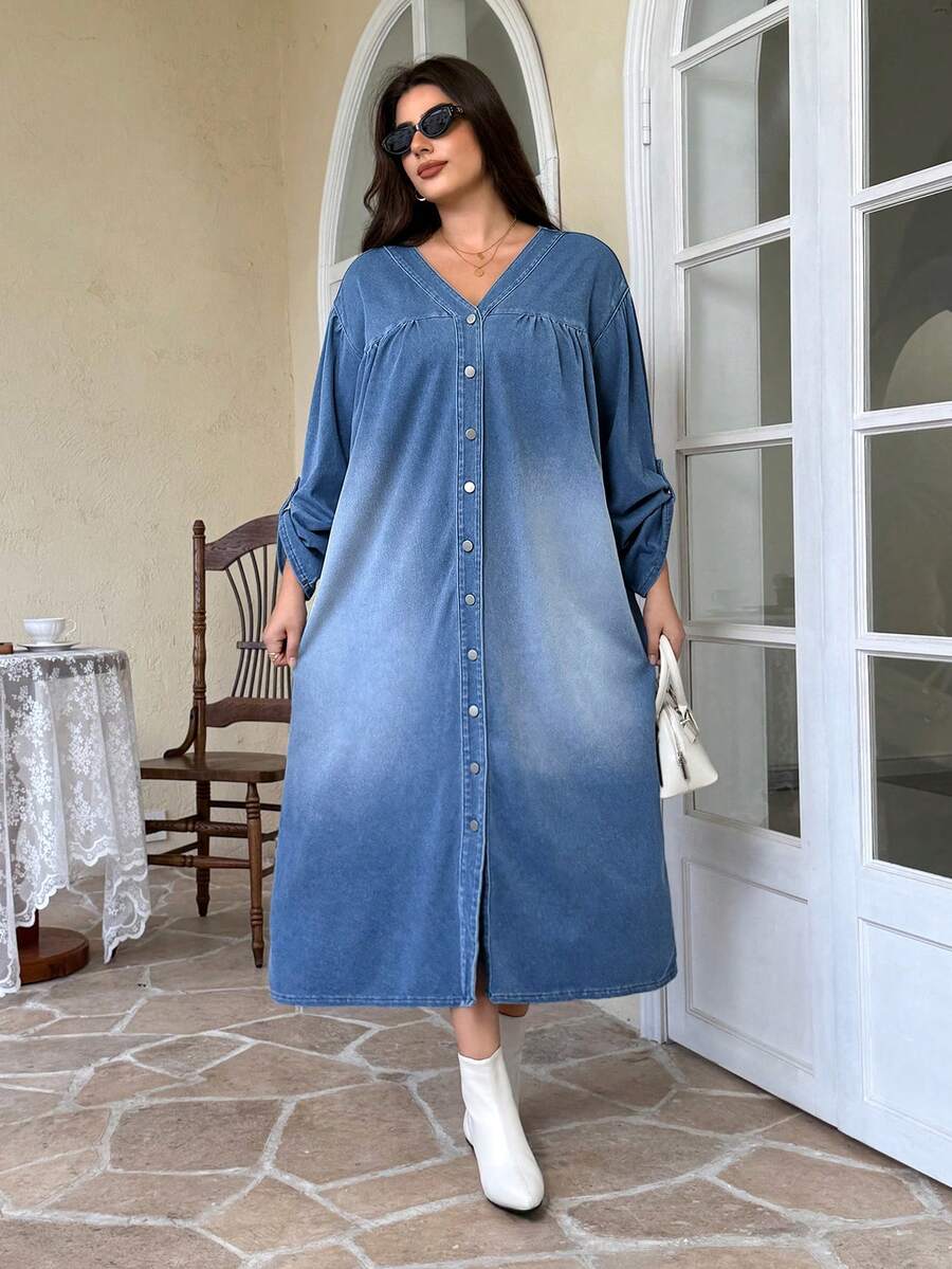 EMERY ROSE 大码女式 V 领单排扣袖口休闲宽松牛仔连衣裙 - 藍色 - 查看 1