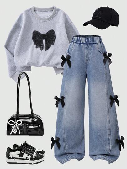 2件套青少年女孩韩版蝴蝶结运动衫和复古宽松直筒牛仔裤套装