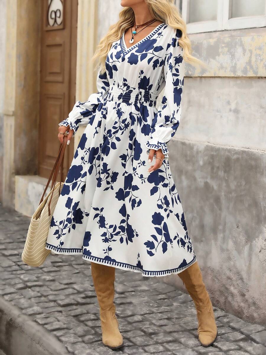 Brillora 女士花卉印花V领长袖休闲中长连衣裙，度假风 - 藍色 - 查看 1