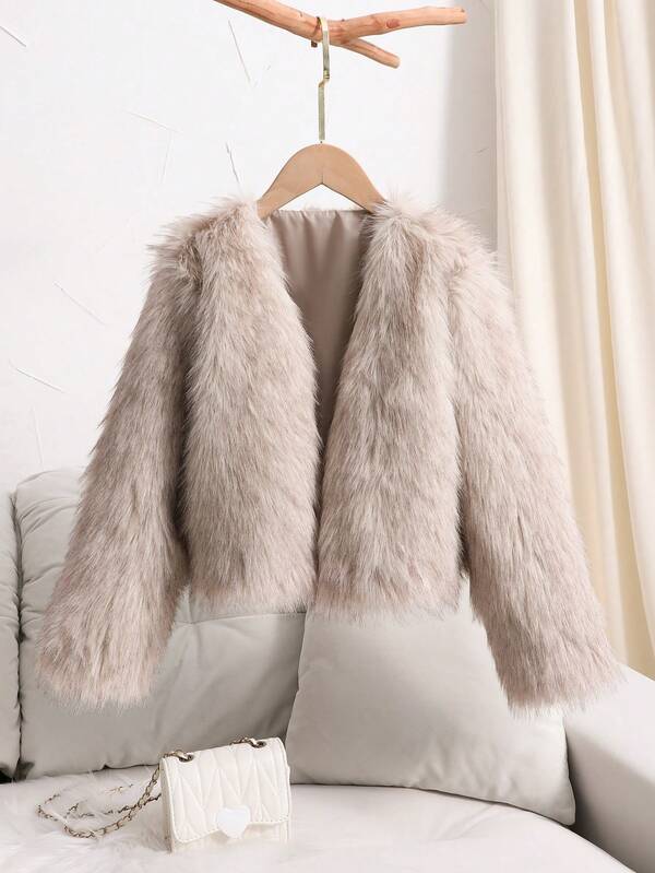 SHEIN 1pc Girls Faux Fur Elegant Vintage Outerwear, Suitable For Evening Gala, Casual Wear In Autumn/Winter