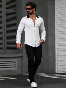 Manfinity CasualCool Men's Contrast Color Lapel Long Sleeve Single-Breasted Casual Shirt - Black and White - View 4
