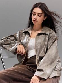 秋冬朋克风格青少年领口拉链 PU 皮夹克，独特的领口和拉链组合，酷炫的仿皮材质，展现独特的时尚品味 - 棕色 - 查看 5