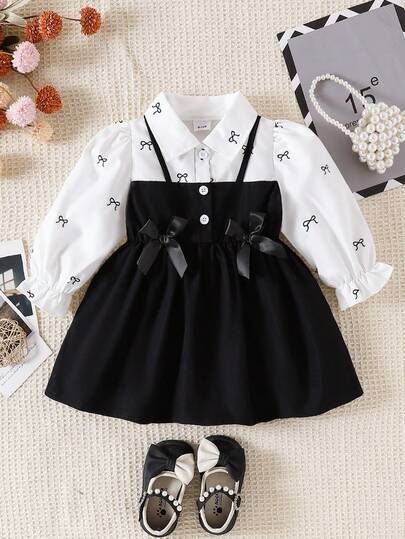 SHEIN Playful Pals Baby Girls' Collared Puff Sleeve 2 In 1 A-Line Dress. Classic A-Line Silhouette Suitable For Babies Of All Body Types. Distinctive Collar Design Adds A Touch Of Formality, While The Ingenious Puff Sleeve Treatment Is Sweet And Playful. The 2 In 1 Design Creates Visual Depth. Whether For Outings Or Casual Home Wear, This Dress Showcases The Baby's Lively And Adorable Nature. Bowknot Black And White Dresses For Babies