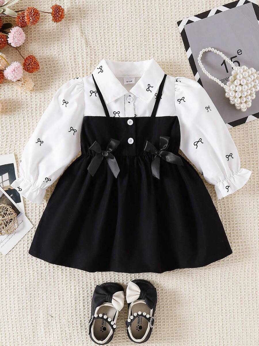 SHEIN Playful Pals 女婴立领泡泡袖二合一A字连衣裙。经典A字廓形，适合各种宝宝体型。独特的立领设计增添一丝正式感，巧妙的泡泡袖设计则甜美俏皮。二合一设计更显精致。 - 黑與白 - 查看 1