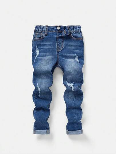 SHEIN Young Boy Casual Elastic Waist Ripped Washed Cuffed Hem Jeans Destroyed Denim For Kids Kids Distressed Jeans Boys Ripped Jeans Kids Stacked Jeans Kids Ripped Jeans