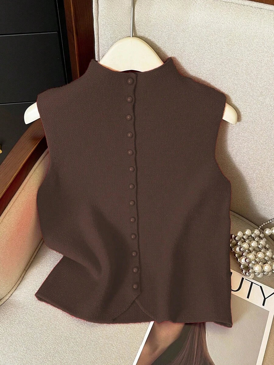 Franclia Casual Loose Fit Sleeveless Turtleneck Knit Top With Button Design, Red, For Women, Spring/Autumn - Coffee Brown - View 1