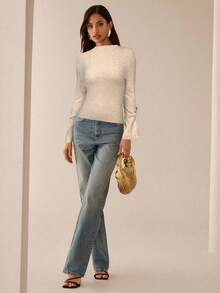 Lilora 秋冬长袖开衩金属装饰修身毛衣 - 卡其色 - 查看 4
