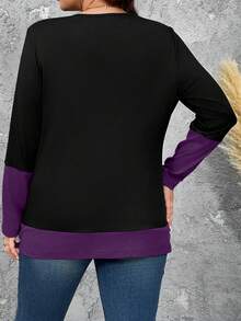 Plus Size Splicing Crew Neck Long Sleeve Casual T-Shirt Graphic Tees Women Tops For Spring Fall - Purple - View 2
